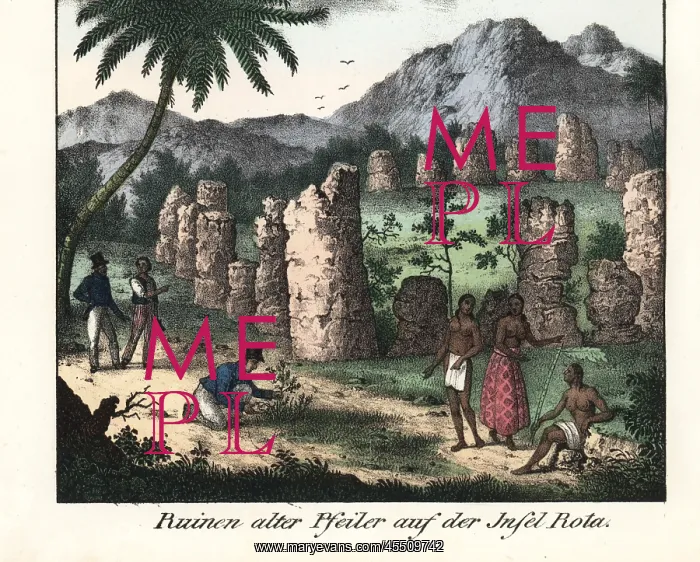 : French explorers at ancient Chamorro stone : French explorers at ancient Chamorro stone