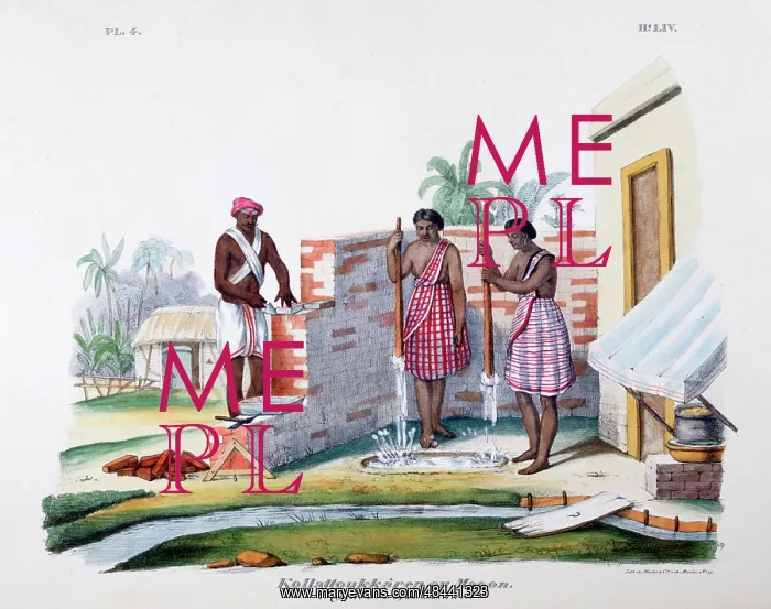 : French lithograph of bricklayer with two women : French lithograph of bricklayer with two women