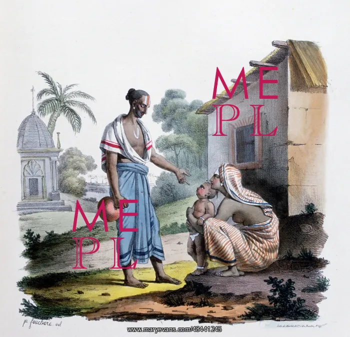 : French lithograph two villagers with a baby in : French lithograph two villagers with a baby in