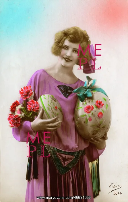  : French model holding two large Easter eggs