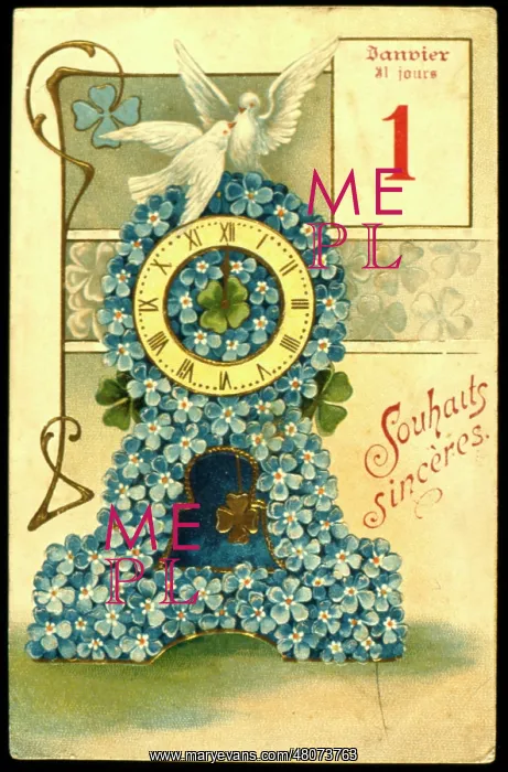 : French New Year card with flower clock : French New Year card with flower clock