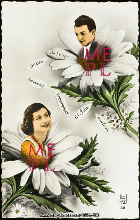  : French Postcard with Couple in Daisies