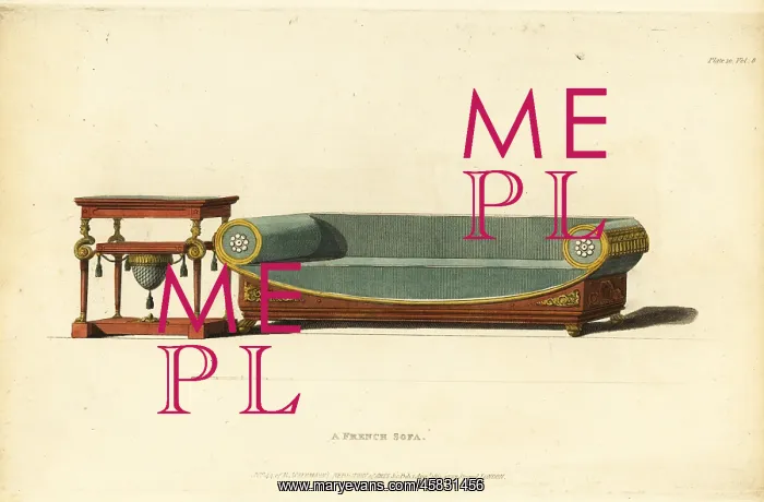 : French scroll sofa and lady's work table, 1812 : French scroll sofa and lady's work table, 1812
