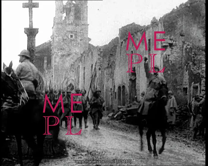: French Soldiers Marching Through A Destroyed Town : French Soldiers Marching Through A Destroyed Town