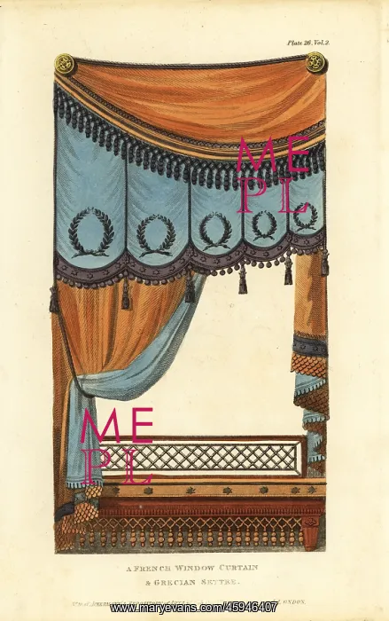 : French window curtain and Grecian settee : French window curtain and Grecian settee
