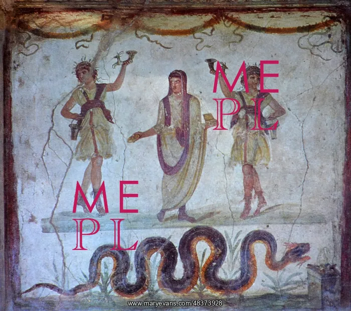 : Fresco of two dancing Lares and a sacred snake from the House of Vettii, Pompeii : Fresco of two dancing Lares and a sacred snake from the House of Vettii, Pompeii