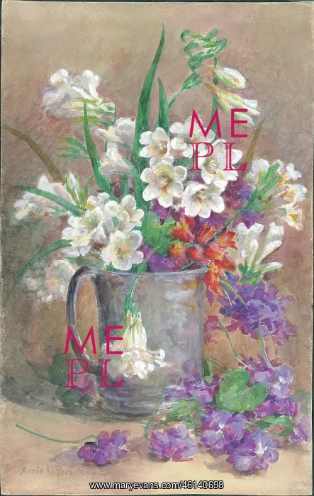 : Fresia & Parma Violets'. Flowers in jug : Fresia & Parma Violets'. Flowers in jug