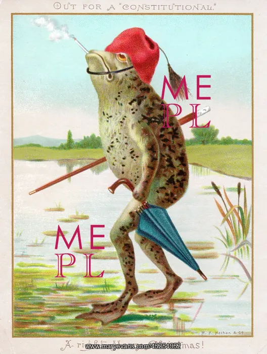 : Frog with umbrella and smoking cap on a Christmas card : Frog with umbrella and smoking cap on a Christmas card