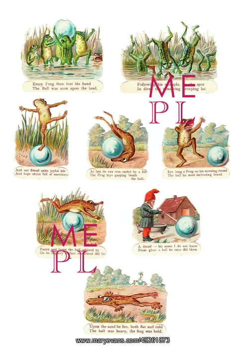 : Frogs playing with a ball on eight Victorian scraps : Frogs playing with a ball on eight Victorian scraps