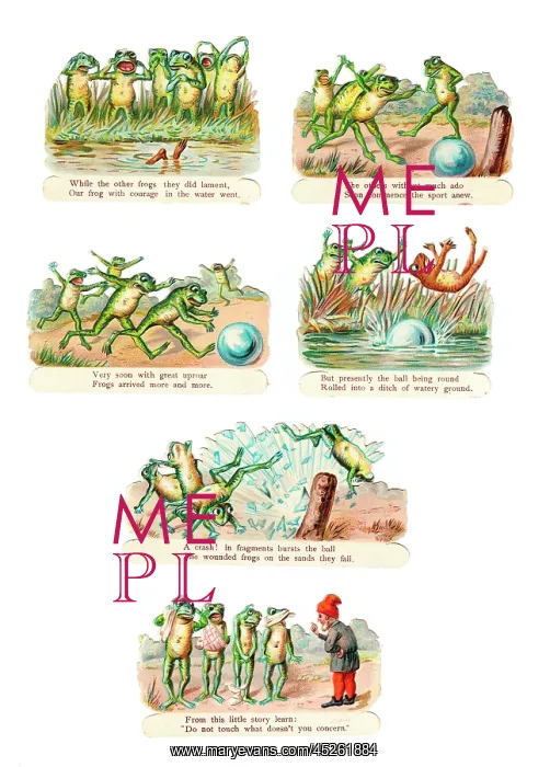 : Frogs playing with a ball on six Victorian scraps : Frogs playing with a ball on six Victorian scraps
