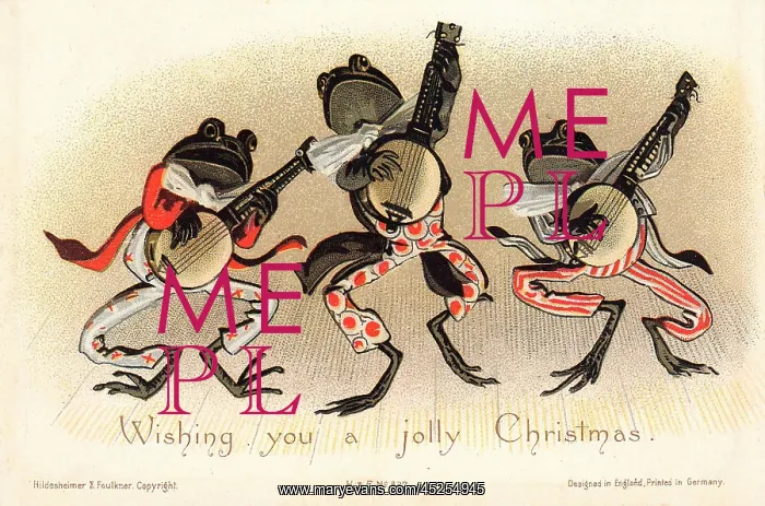 : Three frogs playing banjos on a Christmas card : Three frogs playing banjos on a Christmas card