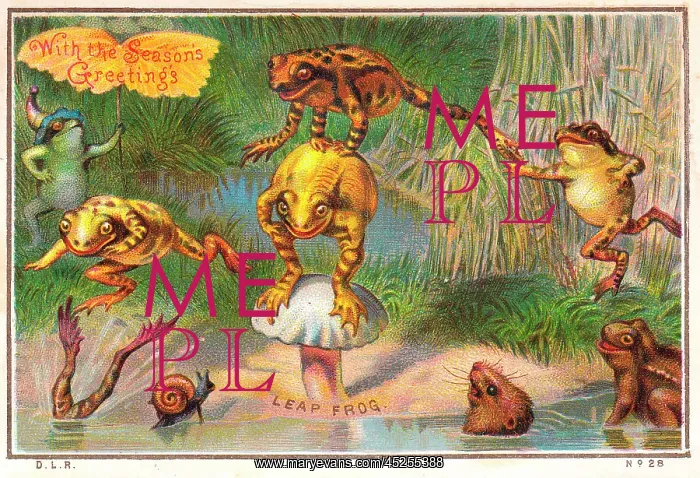  : Frogs playing leapfrog on a Christmas card