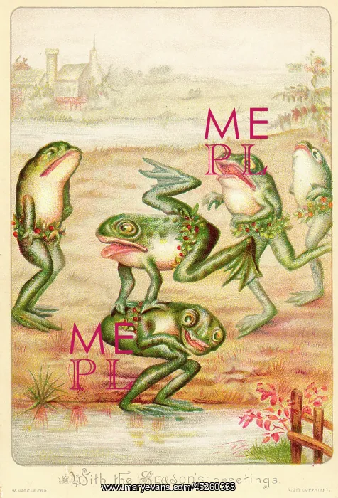 : Frogs playing leapfrog on a Christmas card : Frogs playing leapfrog on a Christmas card
