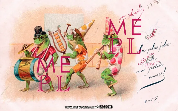 : Three frogs playing music on an April Fool postcard : Three frogs playing music on an April Fool postcard
