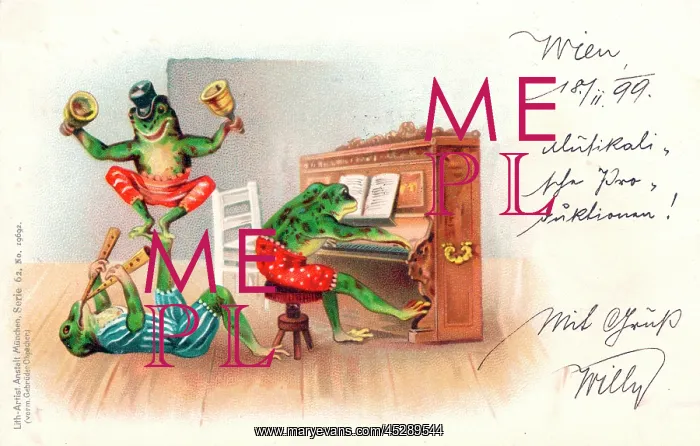 : Three frogs playing music on a German postcard : Three frogs playing music on a German postcard