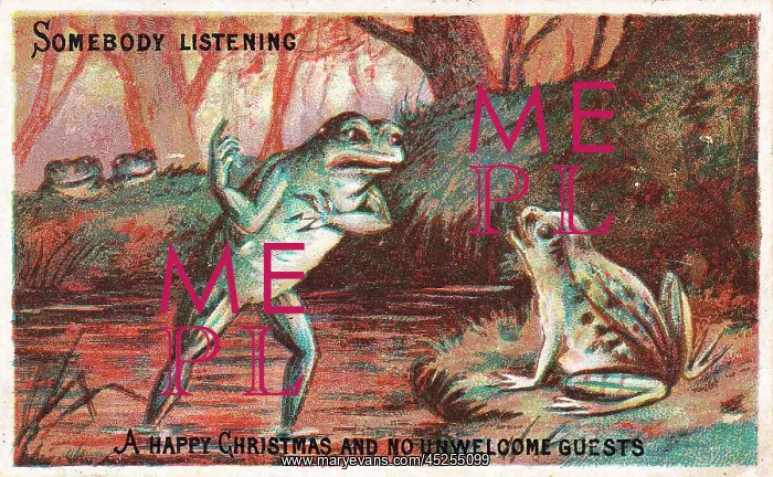 : Frogs on a riverbank on a Christmas card : Frogs on a riverbank on a Christmas card