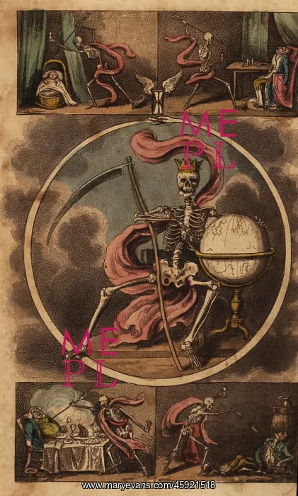 : Frontispiece with skeleton of death seated with scythe : Frontispiece with skeleton of death seated with scythe