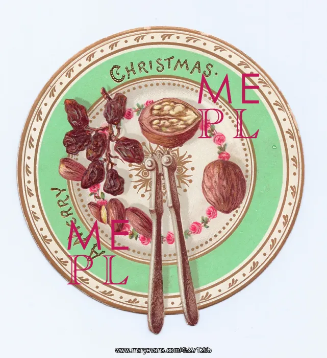 : Fruit and nuts on a plate on a cutout Christmas card : Fruit and nuts on a plate on a cutout Christmas card