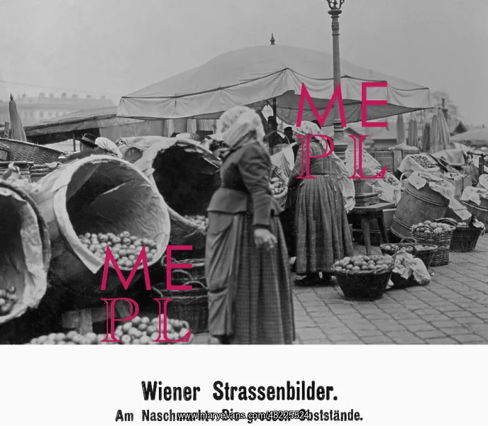 : Fruit stalls at Naschmarkt in Vienna, 1909 : Fruit stalls at Naschmarkt in Vienna, 1909