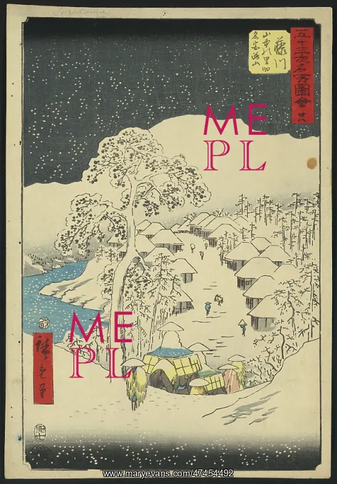 : Fujikawa. Print shows pilgrims passing through a small village in a snow-covered : Fujikawa. Print shows pilgrims passing through a small village in a snow-covered
