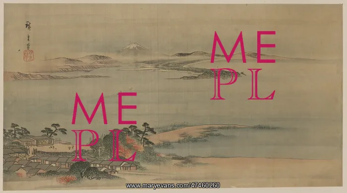 : Fukeiga. Painting shows a bird's-eye view of the coastline at Arai on the : Fukeiga. Painting shows a bird's-eye view of the coastline at Arai on the