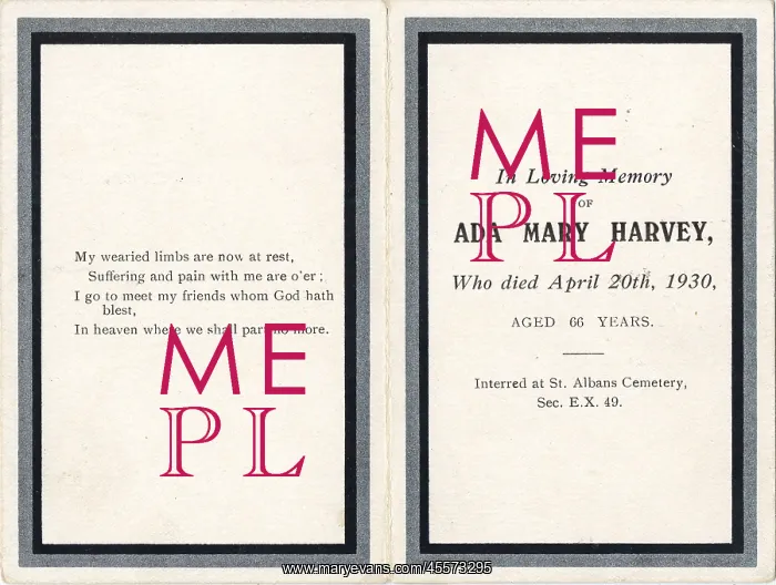 : Funeral card, In Loving Memory of Ada Mary Harvey : Funeral card, In Loving Memory of Ada Mary Harvey