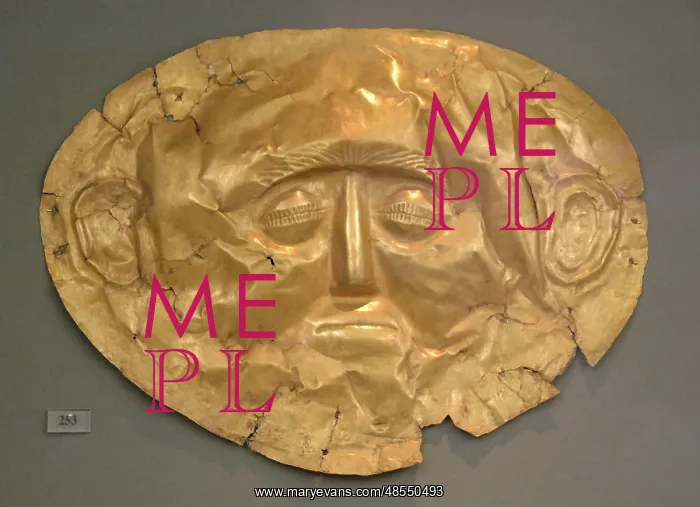 : Funerary mask in gold foil embossed. IV Grave Circle A in th : Funerary mask in gold foil embossed. IV Grave Circle A in th