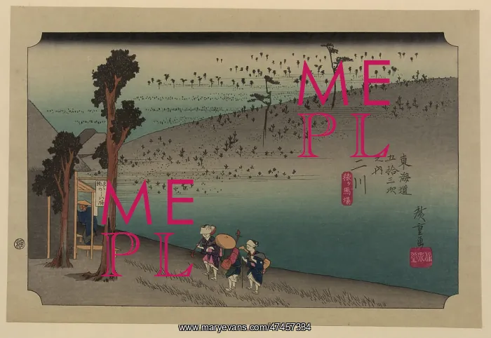 : Futagawa. Print shows three traveling musicians with their shamisens approaching : Futagawa. Print shows three traveling musicians with their shamisens approaching