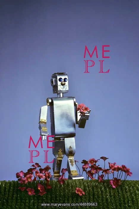 : Futuristic silver robot toy walking in flowers : Futuristic silver robot toy walking in flowers