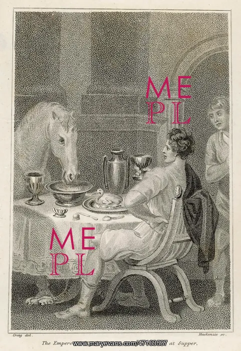: Gaius Caesar Caligula eating dinner with horse : Gaius Caesar Caligula eating dinner with horse