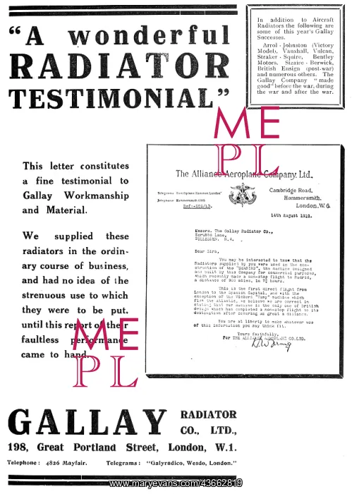 : Gallay Aero Engine Radiators - 1919 Advert : Gallay Aero Engine Radiators - 1919 Advert