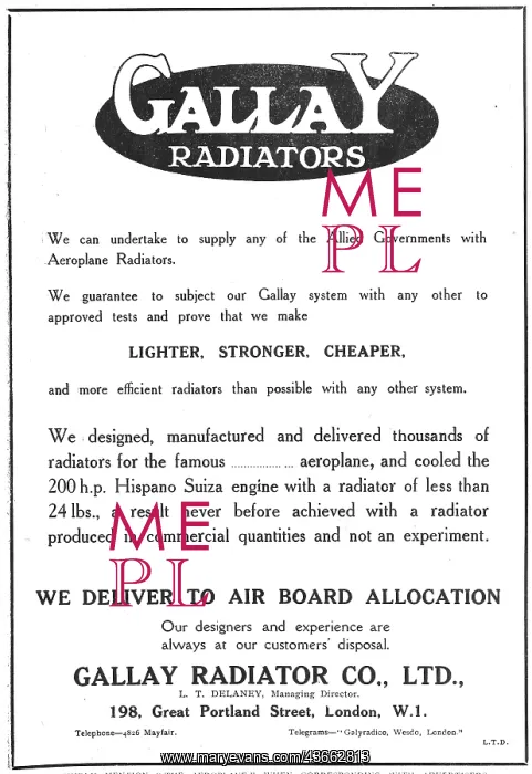 : Gallay Aeroplane Radiators 1918 : Gallay Aeroplane Radiators 1918