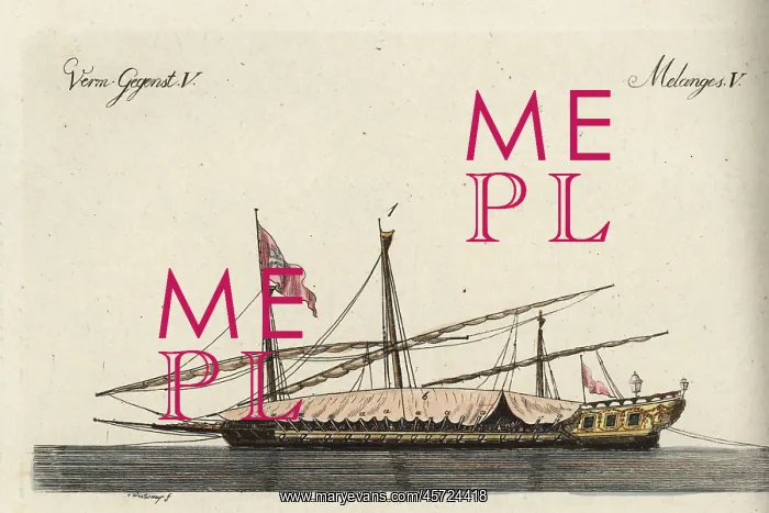 : Galley. Handcoloured copperplate engraving after Christiane Henriette Dorothea Westermayr : Galley. Handcoloured copperplate engraving after Christiane Henriette Dorothea Westermayr