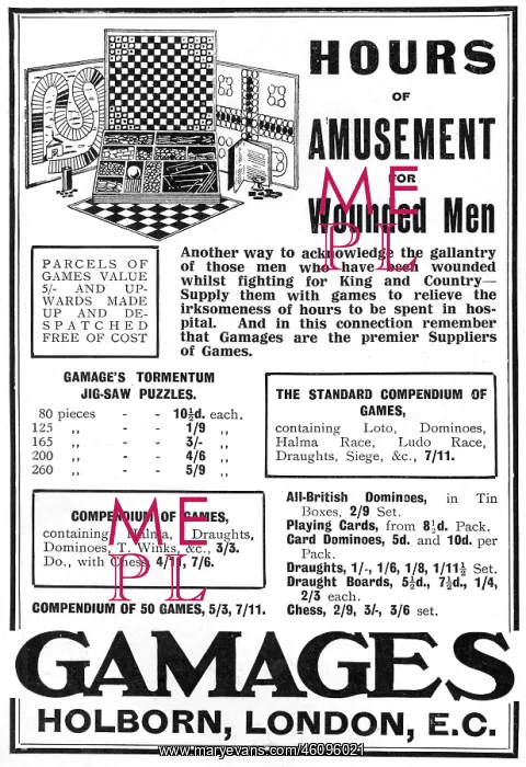 : Gamages advertisement, amusements for wounded men, WW1 : Gamages advertisement, amusements for wounded men, WW1