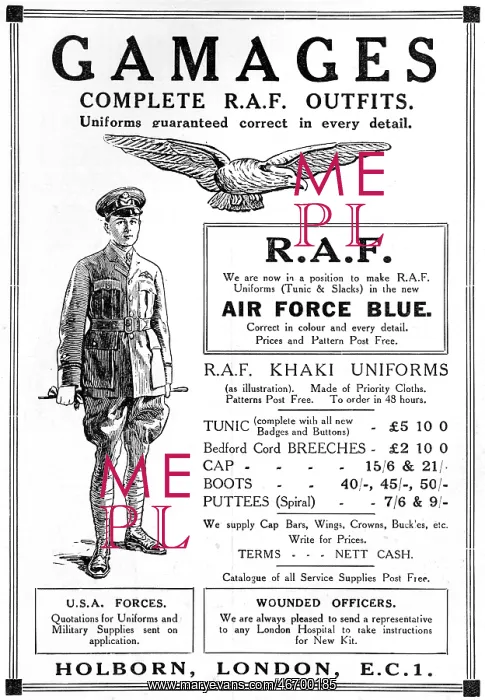 : Gamages advertisement, RAF outfits in air force blue : Gamages advertisement, RAF outfits in air force blue