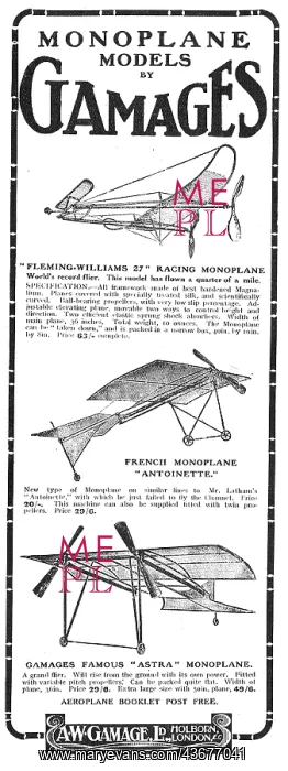  : Gamages Aeroplane Models. Fleming-Williams