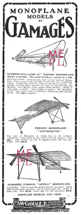 : Gamages Fleming-Williams 27' Racing Monoplane 63 / - Complete : Gamages Fleming-Williams 27' Racing Monoplane 63 / - Complete