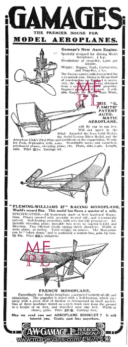 : Gamages Model Aeroplanes: G.Smith Automatic Aeroplane : Gamages Model Aeroplanes: G.Smith Automatic Aeroplane