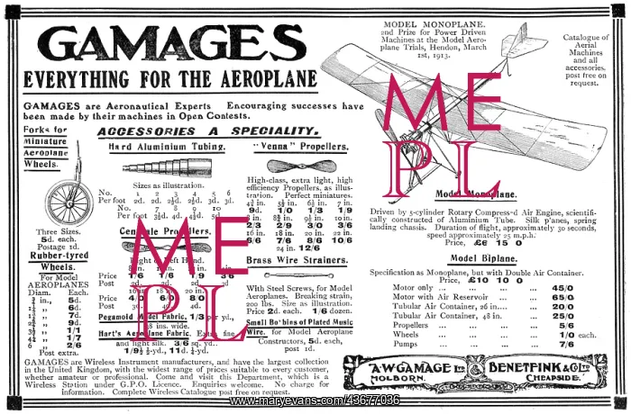 : Gamages Power Driven Model Aeroplanes & Accessories 1913 : Gamages Power Driven Model Aeroplanes & Accessories 1913