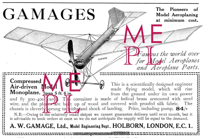 : Gamage's Powered Model Aircraft - Compressed Air Driven 1919 : Gamage's Powered Model Aircraft - Compressed Air Driven 1919