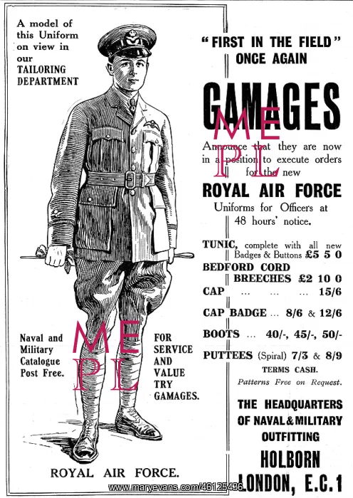 : Gamages Royal Air Force uniform advertisement : Gamages Royal Air Force uniform advertisement