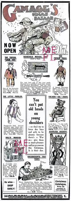 : Gamage's Xmas bazaar advertisement, WW1 : Gamage's Xmas bazaar advertisement, WW1