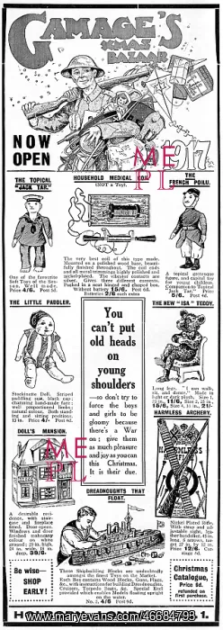 : Gamage's Xmas bazaar advertisement, WW1 : Gamage's Xmas bazaar advertisement, WW1