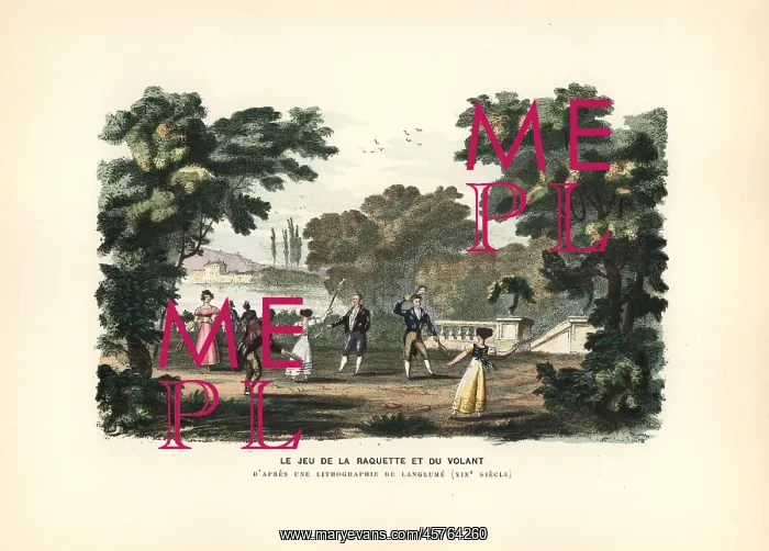 : The game of badminton played in a park, 19th century : The game of badminton played in a park, 19th century