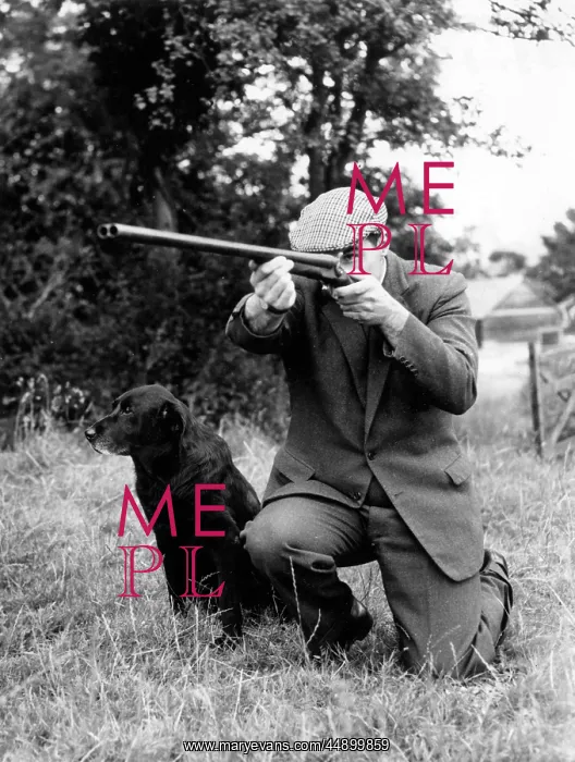 : Gamekeeper taking aim, his dog at his side : Gamekeeper taking aim, his dog at his side