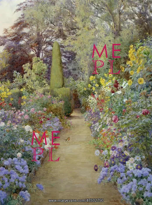 : The Garden Path ' with flowers and robin : The Garden Path ' with flowers and robin