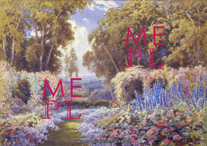 : Garden with roses, delphiniums and view : Garden with roses, delphiniums and view