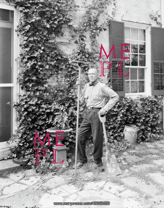 : Gardener with work tools, Fredericksburg, Virginia : Gardener with work tools, Fredericksburg, Virginia