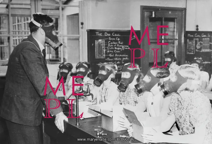 : Gas Mask drill at school, 1939 : Gas Mask drill at school, 1939