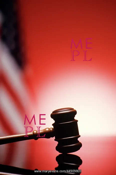 : Gavel Resting on Reflective Bench Surface with American F : Gavel Resting on Reflective Bench Surface with American F
